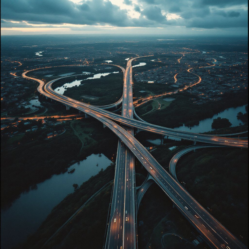 Aerial of the I-69 interstate corridor through Fishers at golden hour