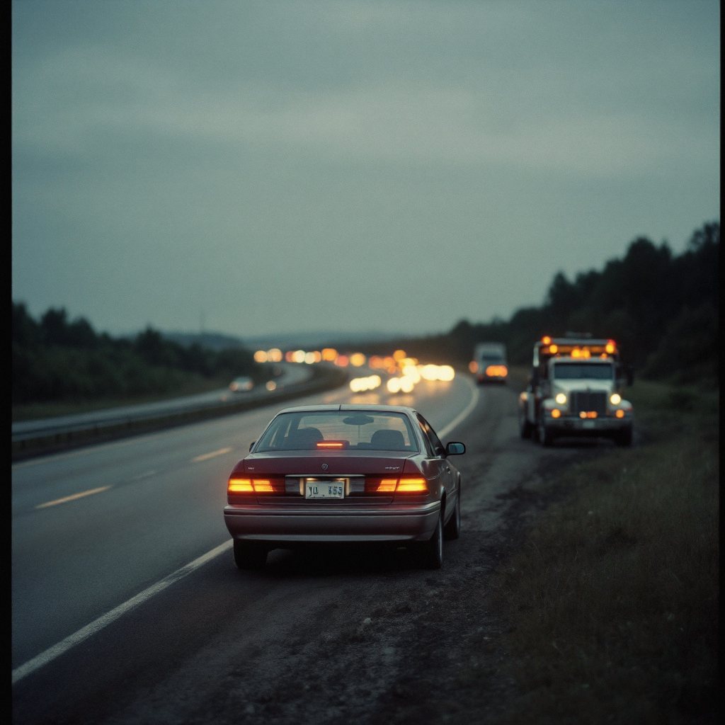 Flatbed loading a disabled sedan at night in the rain, amber lights on