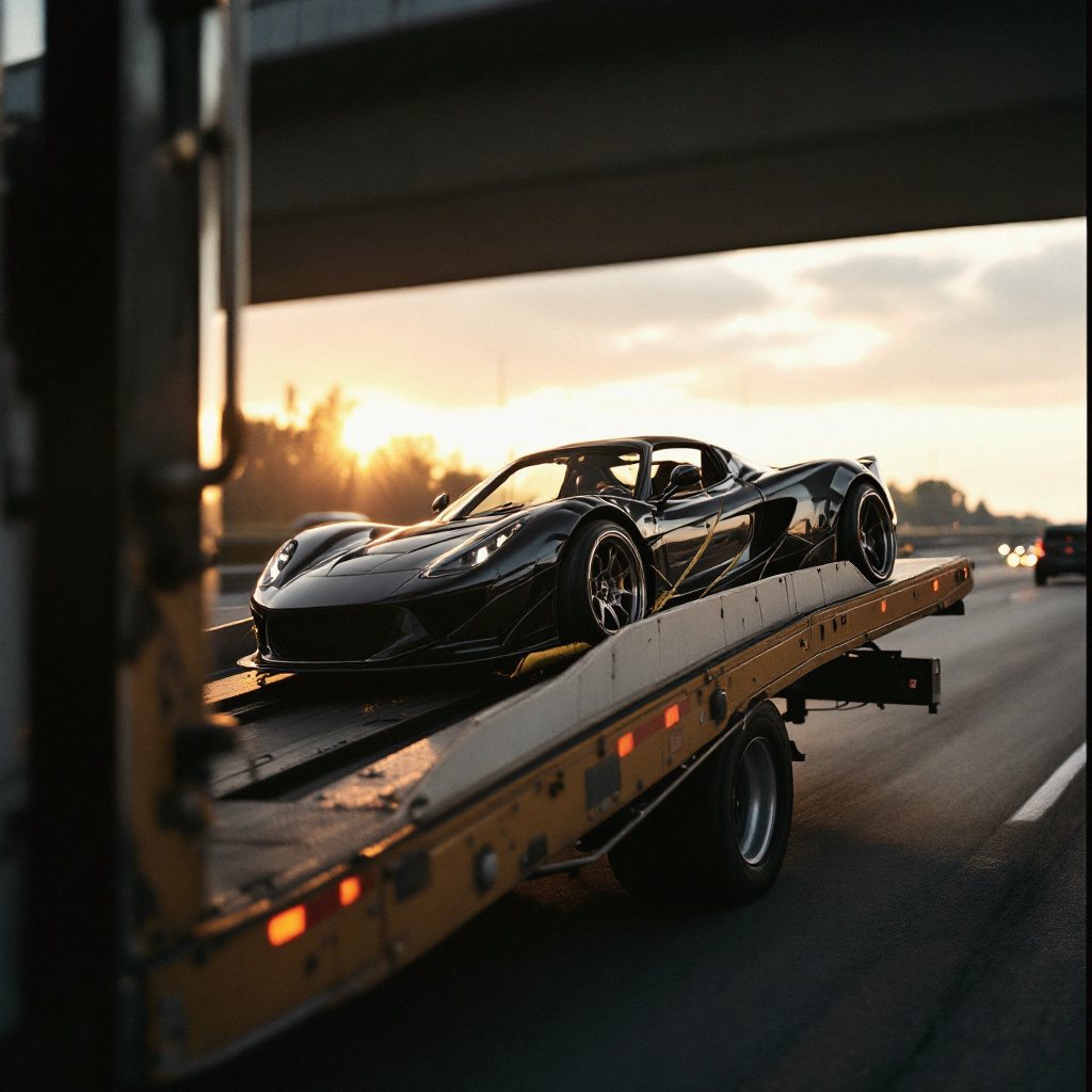 Sports car loaded on a flatbed truck in daylight