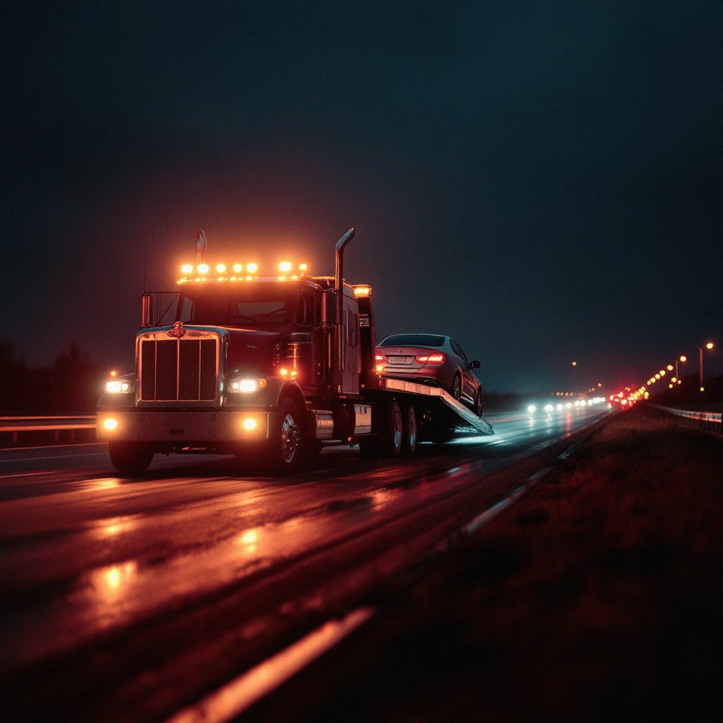 Tow truck working a night call on a Fishers arterial
