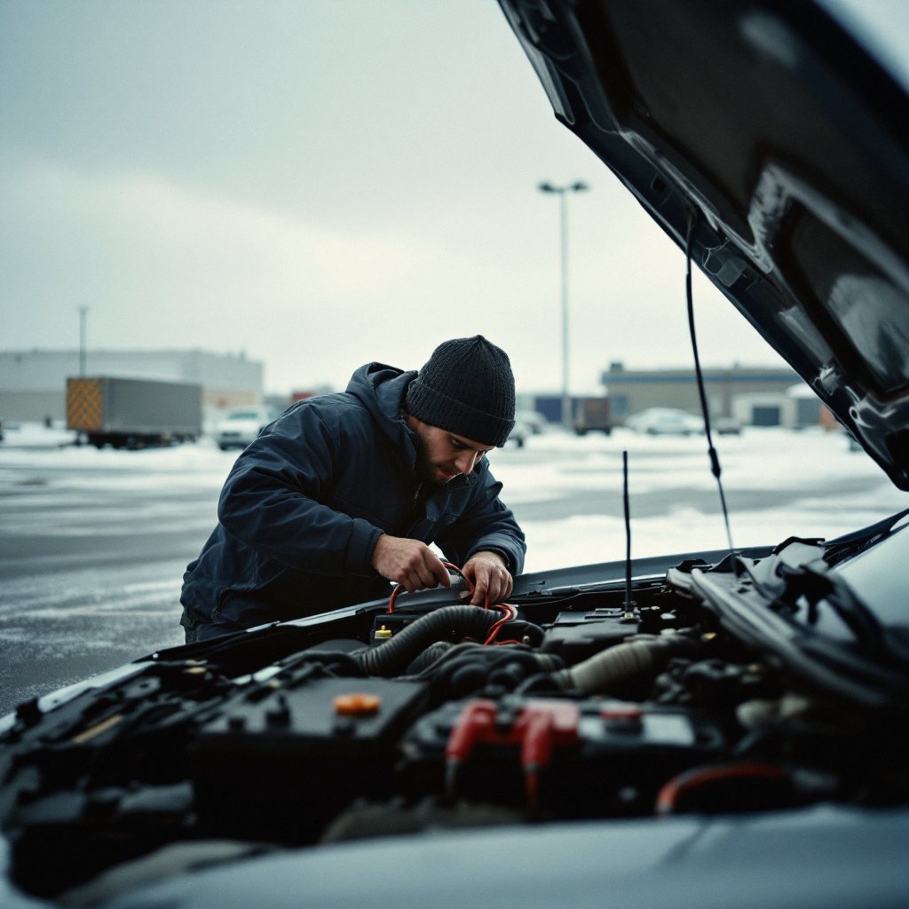 Technician jump-starting a car on the shoulder with service truck behind
